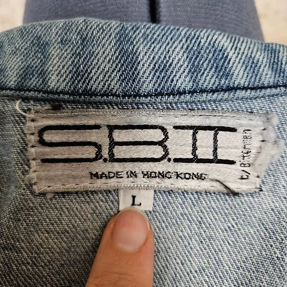 Vintage 1980s Denim Blue Bomber Jacket Distressed Yoke vtg 80s Puff Sleeve M L - Picture 12 of 14